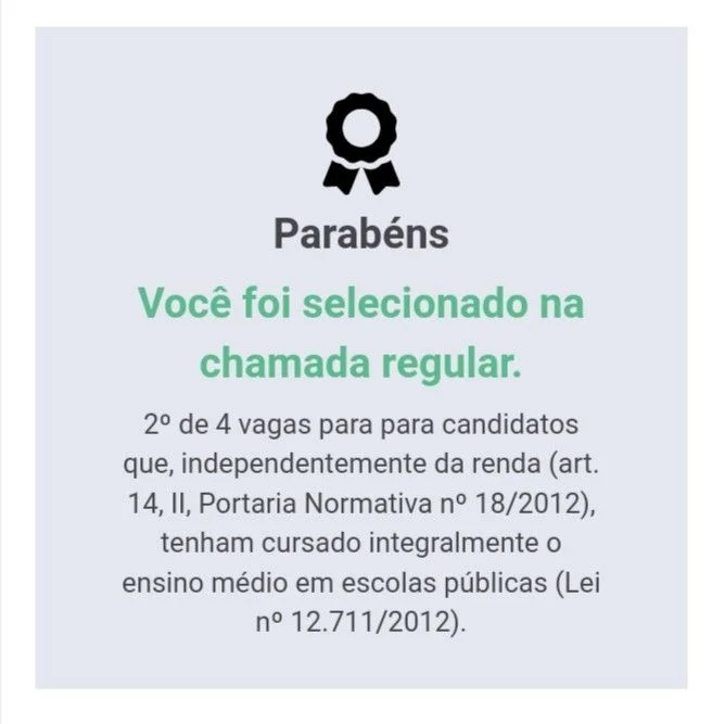 Tela do Sisu: Parabéns, você foi selecionado na chamada regular